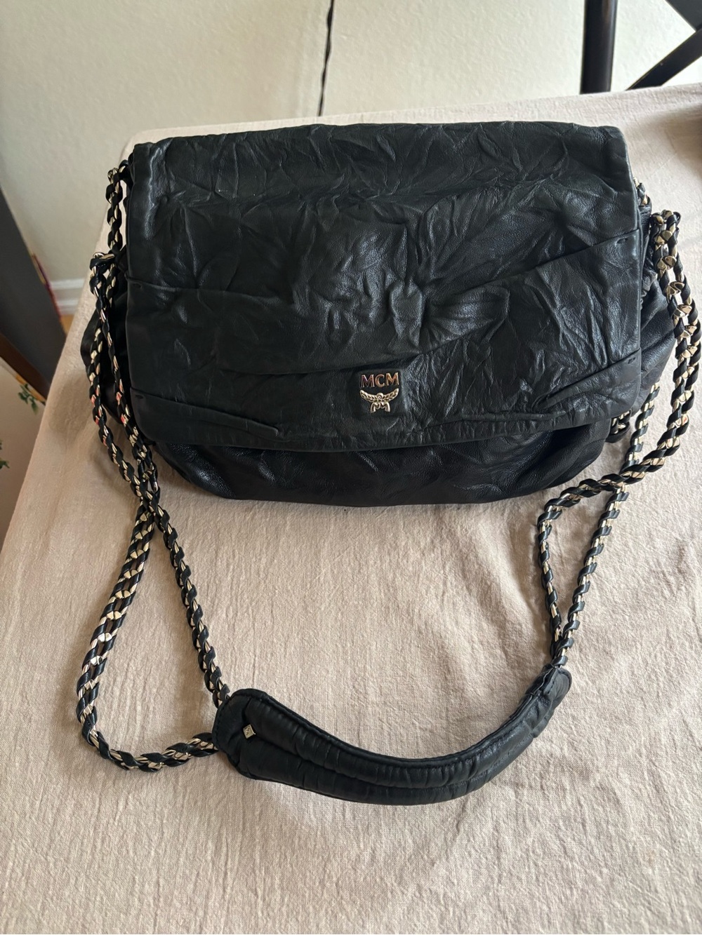 MCM Black Leather Chain-Strap Flap Crossbody Bag